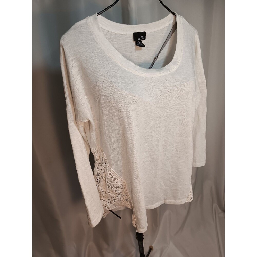 Women's Rue 21 White Ivory Crew Neck Long Sleeve Sheer Lace Sides Top Size Small
